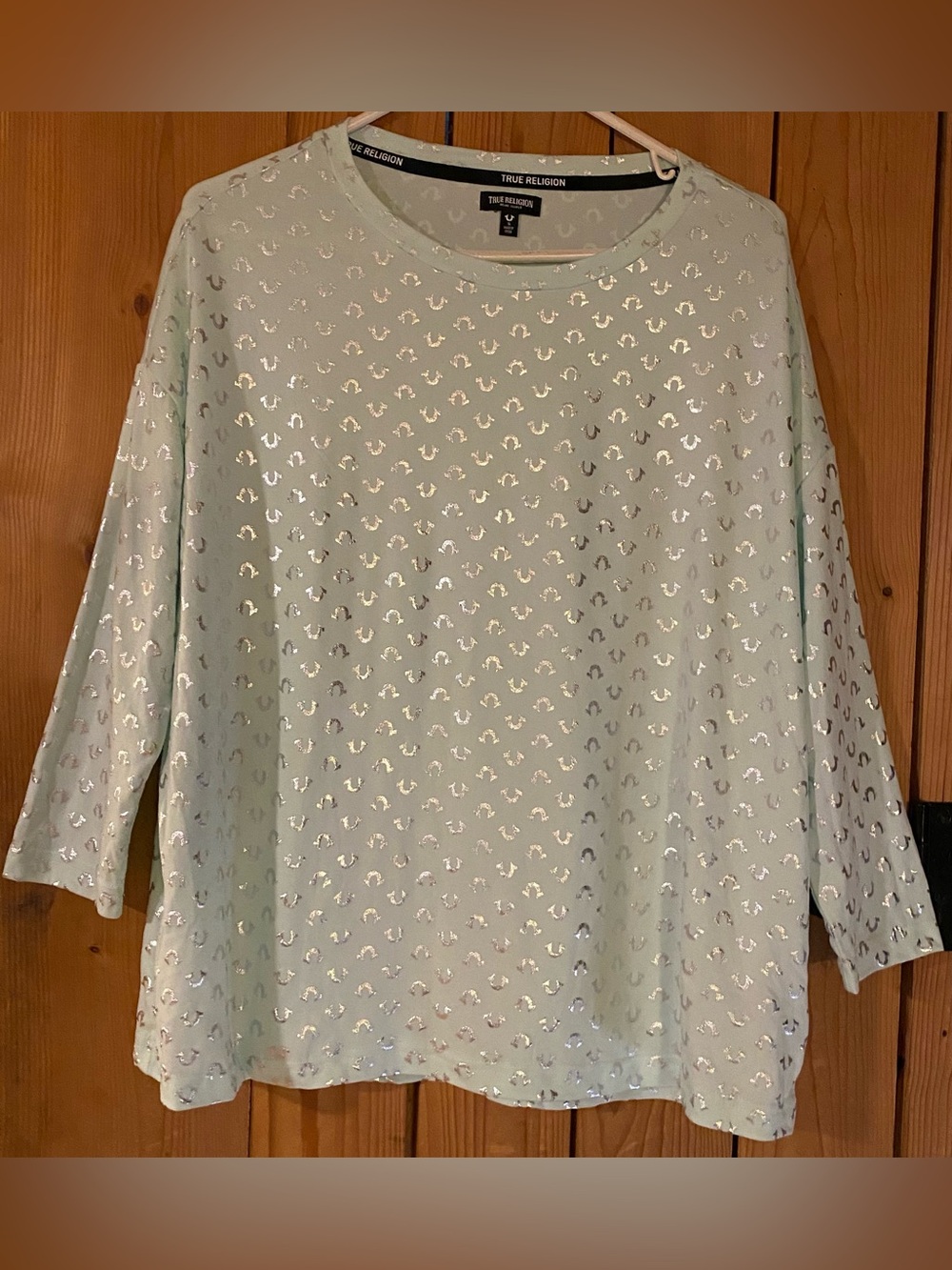 True Religion Mint Green Metallic Logo Scoop Neck Top 3/4 sleeves